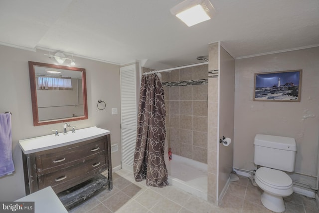 205 Polk Ave, Front Royal, VA 22630 - full bathroom with tiled shower, vanity, toilet, tile patterned flooring, and crown molding