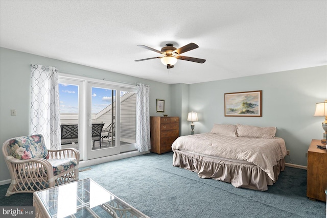 5401 Coastal Hwy Unit 306, Ocean City, MD 21842 - carpeted bedroom with access to outside, baseboards, a ceiling fan, and a textured ceiling