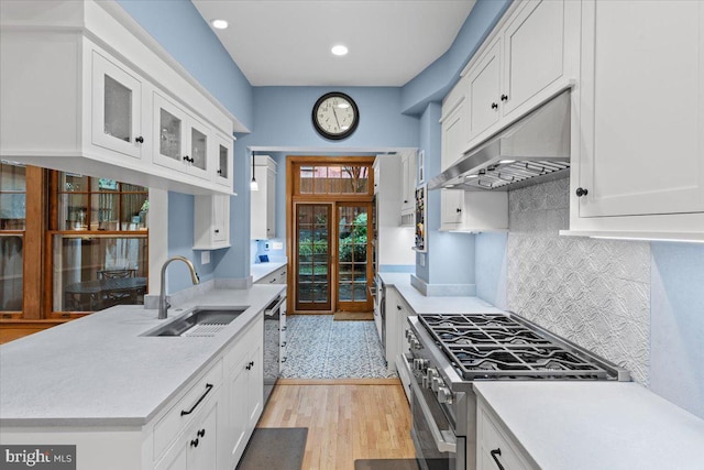 kitchen with stainless steel appliances, under cabinet range hood, a sink, light countertops, and white cabinetry