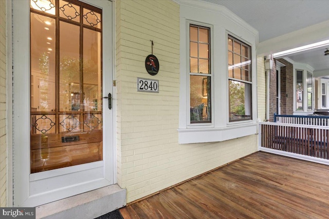 entrance to property featuring brick siding and covered porch