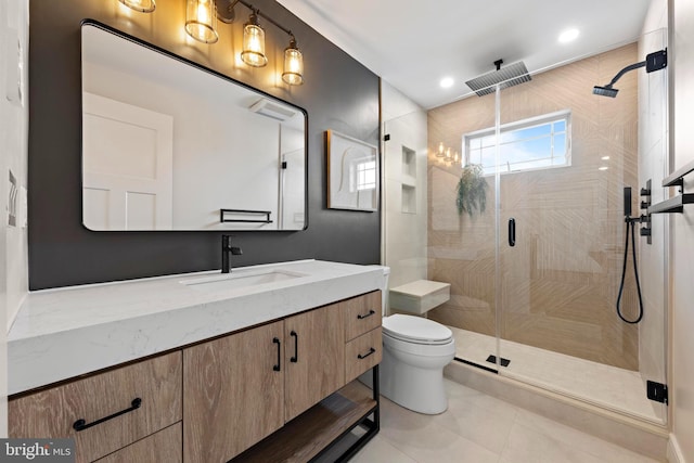 full bath featuring toilet, recessed lighting, vanity, tile patterned floors, and a stall shower