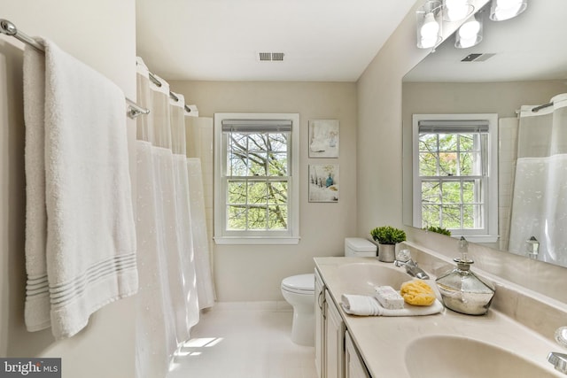 full bath featuring baseboards, visible vents, vanity, and toilet