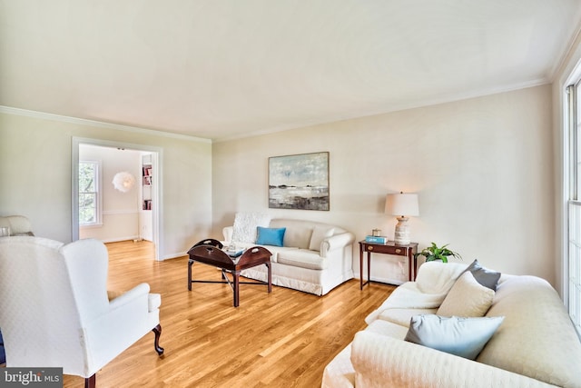 living area with light wood-style floors, baseboards, and ornamental molding