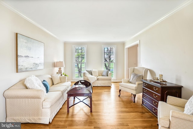 living room with wood finished floors and crown molding