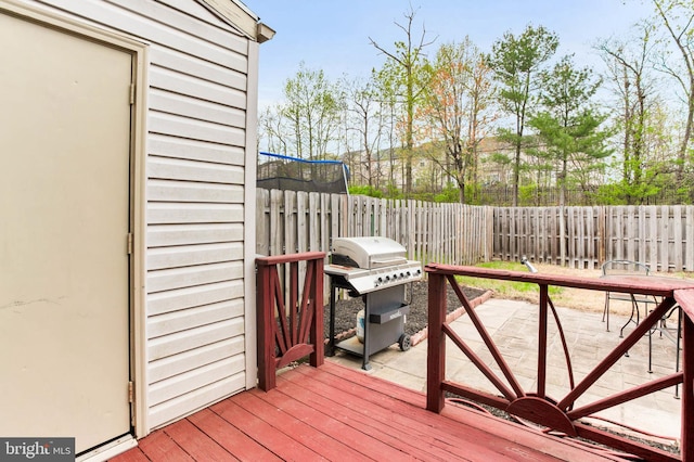 deck with a fenced backyard and area for grilling