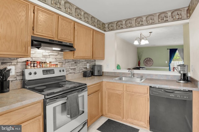 kitchen featuring an inviting chandelier, electric range, black dishwasher, under cabinet range hood, and a sink