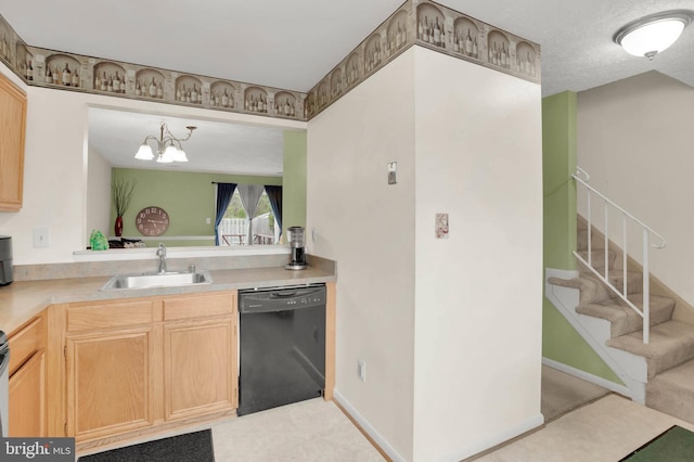 kitchen with a notable chandelier, a sink, light brown cabinets, light countertops, and dishwasher