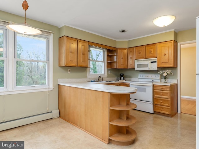 7147 Ohio Ave, Hanover, MD 21076 - kitchen featuring white appliances, a peninsula, light countertops, open shelves, and a baseboard radiator