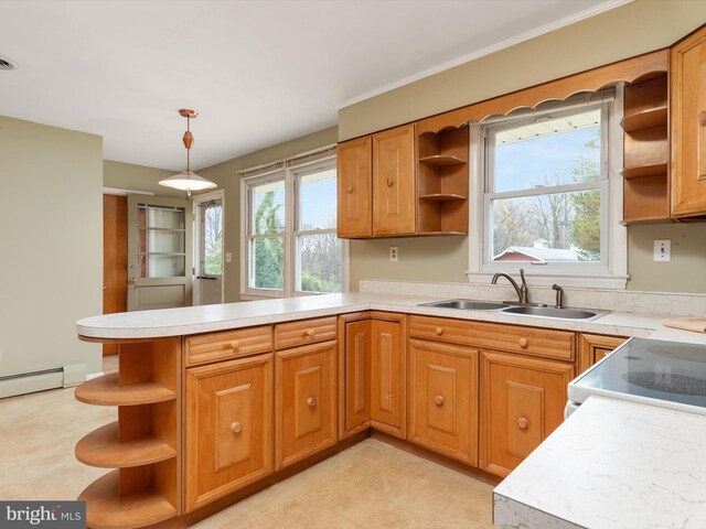 7147 Ohio Ave, Hanover, MD 21076 - kitchen featuring a peninsula, a sink, open shelves, and plenty of natural light