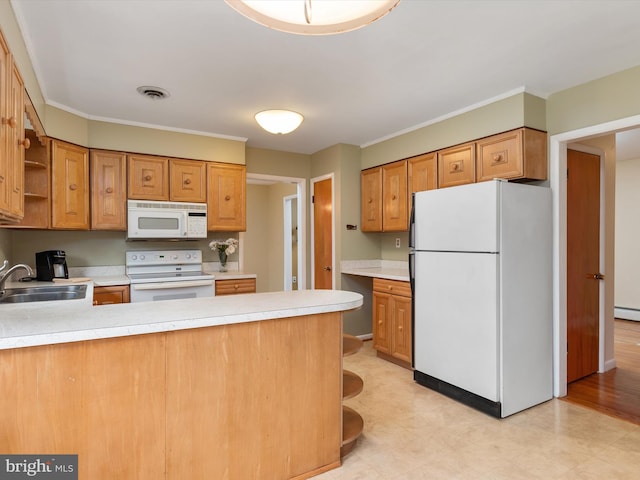 7147 Ohio Ave, Hanover, MD 21076 - kitchen featuring white appliances, a peninsula, open shelves, visible vents, and a sink