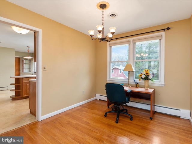 7147 Ohio Ave, Hanover, MD 21076 - office area with an inviting chandelier, visible vents, a baseboard radiator, light wood finished floors, and baseboards