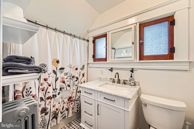 1233 Kahler Ave, Rosedale, MD 21237 - bathroom with toilet, curtained shower, vanity, and lofted ceiling