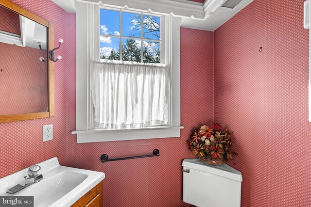 28 Ambler Rd, Cherry Hill, NJ 08002 - half bath with toilet, wallpapered walls, and vanity