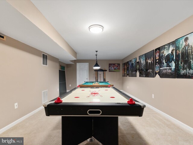 game room featuring visible vents, baseboards, and carpet floors