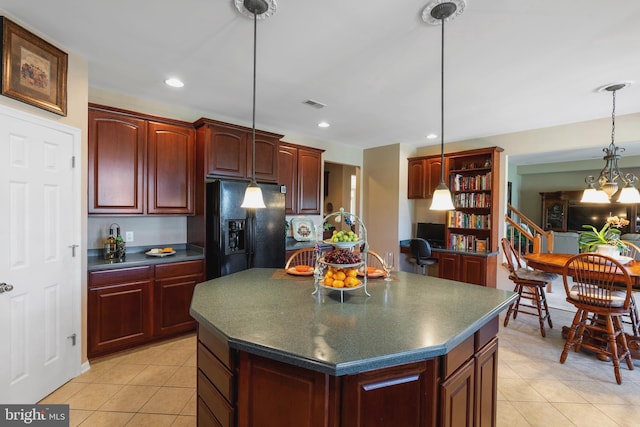158 Mccormick Dr, Port Deposit, MD 21904 - kitchen with black fridge with ice dispenser, dark countertops, reddish brown cabinets, light tile patterned floors, and recessed lighting