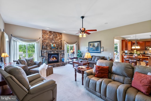 158 Mccormick Dr, Port Deposit, MD 21904 - living area featuring light carpet, a fireplace, plenty of natural light, ceiling fan, and recessed lighting