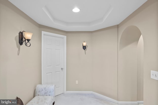 158 Mccormick Dr, Port Deposit, MD 21904 - living area featuring carpet, a tray ceiling, and baseboards