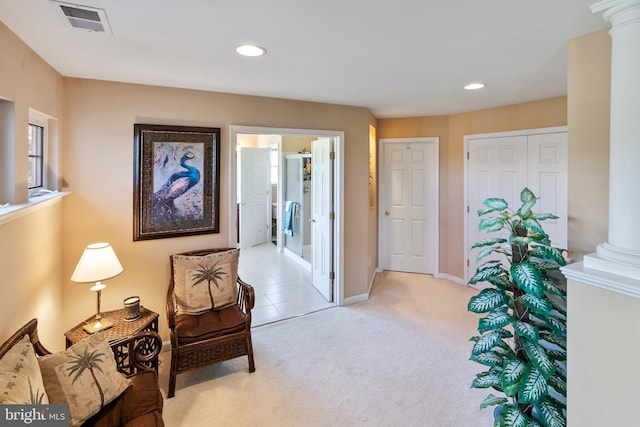 158 Mccormick Dr, Port Deposit, MD 21904 - sitting room featuring decorative columns, recessed lighting, light carpet, and baseboards
