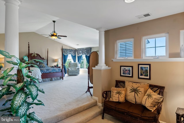 158 Mccormick Dr, Port Deposit, MD 21904 - carpeted bedroom with decorative columns, vaulted ceiling, ceiling fan, and baseboards