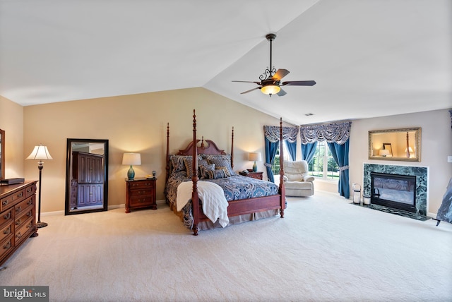 158 Mccormick Dr, Port Deposit, MD 21904 - carpeted bedroom with a fireplace, vaulted ceiling, baseboards, and a ceiling fan