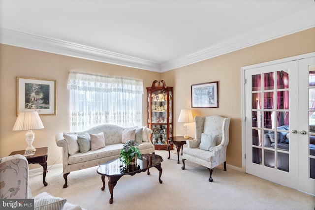 158 Mccormick Dr, Port Deposit, MD 21904 - living area featuring crown molding, french doors, and carpet flooring