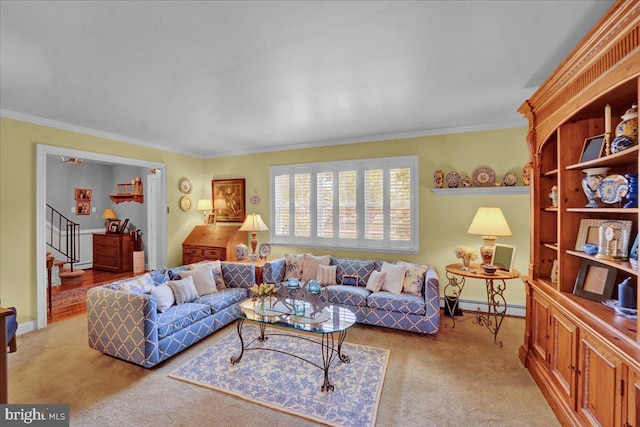 living area featuring carpet flooring, ornamental molding, stairway, and baseboard heating