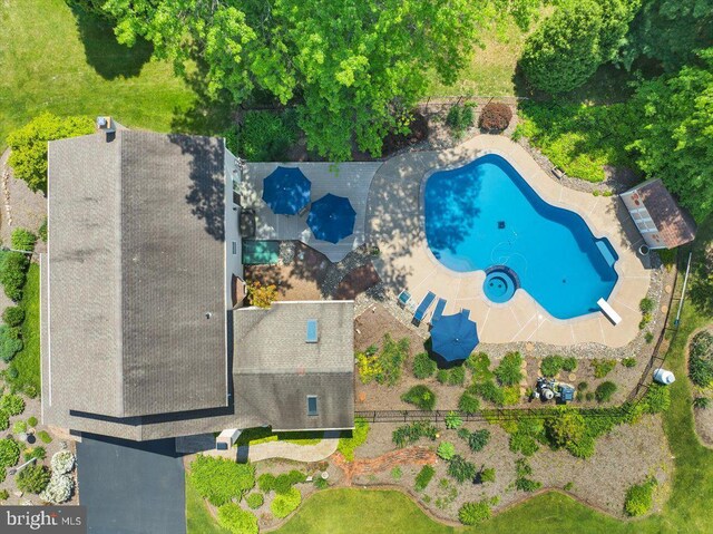 aerial view of a pool area