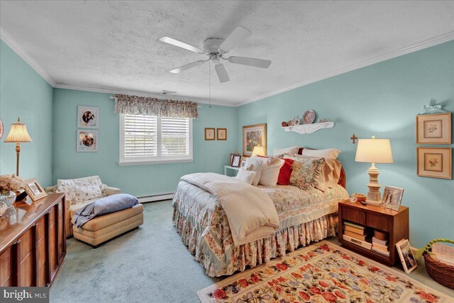 bedroom with baseboard heating, carpet flooring, crown molding, a textured ceiling, and ceiling fan