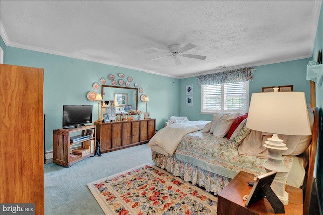 carpeted bedroom with ornamental molding, a textured ceiling, and ceiling fan