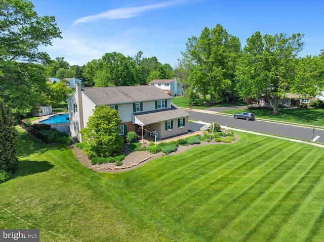 view from above of property featuring a pool