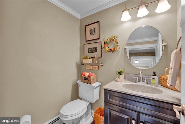 half bath featuring ornamental molding, toilet, and vanity