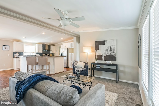 398 Grande Blvd, Rio Grande, NJ 08242 - living room with a ceiling fan, ornamental molding, recessed lighting, lofted ceiling, and baseboards