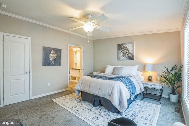 398 Grande Blvd, Rio Grande, NJ 08242 - bedroom with baseboards, ensuite bathroom, crown molding, carpet floors, and ceiling fan