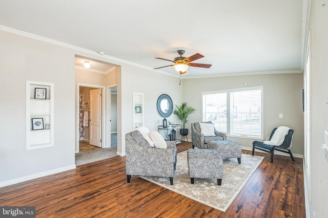398 Grande Blvd, Rio Grande, NJ 08242 - living area with dark wood-type flooring, ceiling fan, crown molding, and baseboards