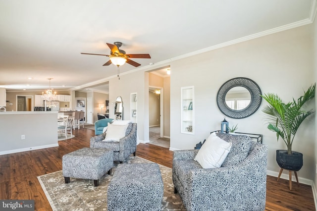 398 Grande Blvd, Rio Grande, NJ 08242 - living area with crown molding, ceiling fan with notable chandelier, baseboards, and dark wood-style floors