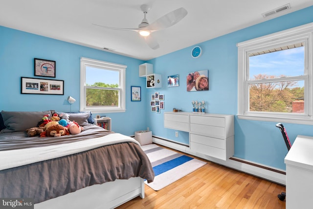 bedroom featuring wood finished floors, visible vents, baseboard heating, and baseboards