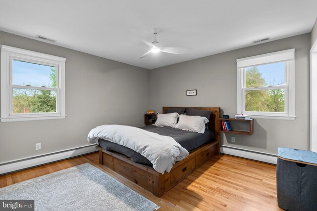 bedroom featuring light wood finished floors, visible vents, and a baseboard radiator