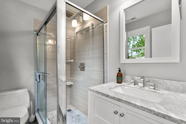 full bath featuring visible vents, vanity, toilet, and a shower stall