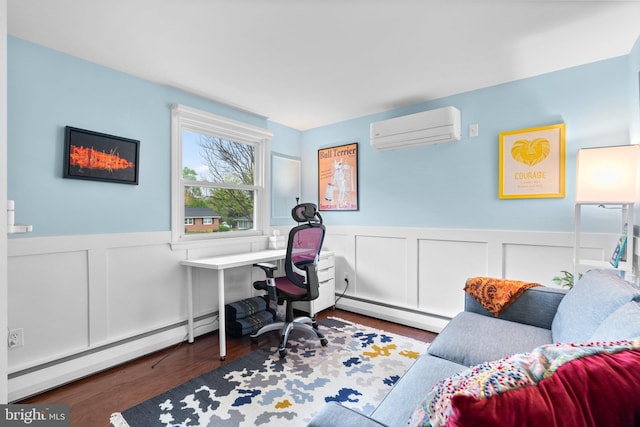 office featuring baseboard heating, wainscoting, a decorative wall, and an AC wall unit