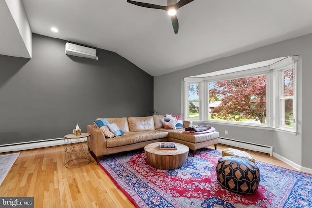 living room with a baseboard heating unit, ceiling fan, wood finished floors, and lofted ceiling