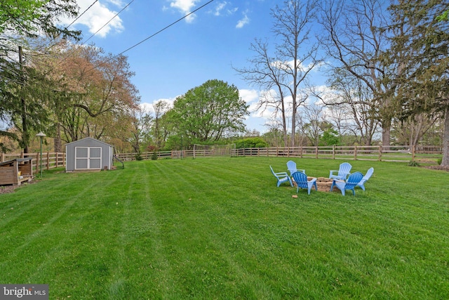 view of yard with a storage unit, a fire pit, an outdoor structure, and a fenced backyard