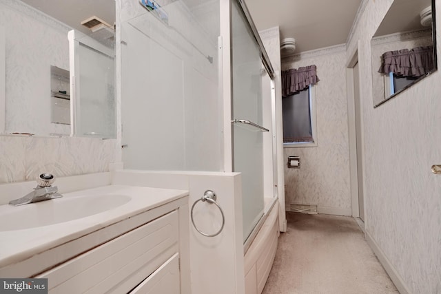 full bath featuring shower / bathing tub combination, wallpapered walls, and vanity