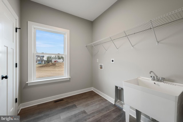 309 Gun Club Rd, Stephenson, VA 22656 - laundry area with baseboards, visible vents, laundry area, dark wood finished floors, and a sink