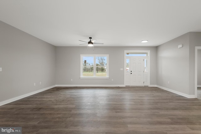 309 Gun Club Rd, Stephenson, VA 22656 - unfurnished living room with baseboards, a ceiling fan, and dark wood finished floors