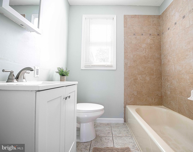 full bath featuring baseboards, toilet, shower / bath combination, vanity, and tile patterned floors