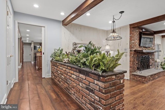 21 Robin Rd, Moorestown, NJ 08057 - hall with beam ceiling, hardwood / wood-style floors, recessed lighting, wooden walls, and baseboards