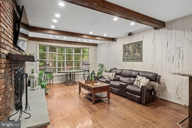 21 Robin Rd, Moorestown, NJ 08057 - living room featuring light wood-style flooring, beam ceiling, a brick fireplace, recessed lighting, and baseboards