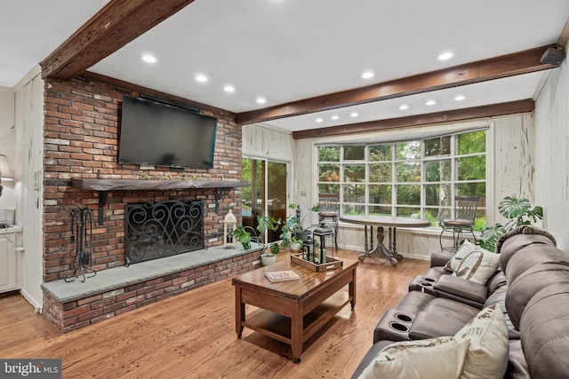 21 Robin Rd, Moorestown, NJ 08057 - living room with beam ceiling, wood finished floors, a fireplace, and recessed lighting