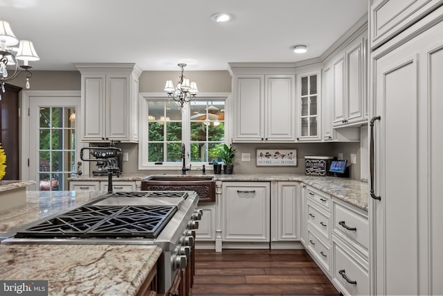 21 Robin Rd, Moorestown, NJ 08057 - kitchen featuring a chandelier, dark wood-style floors, healthy amount of natural light, white cabinetry, and recessed lighting