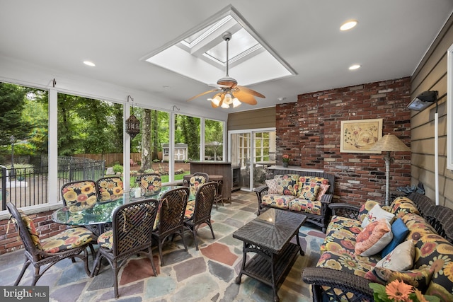 21 Robin Rd, Moorestown, NJ 08057 - sunroom with an outdoor hangout area, ceiling fan, stone finish floors, outdoor dining space, and recessed lighting